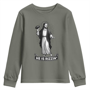 Christian Football Lover Youth Sweatshirt He Is Rizzin Funny Gift TS12 Military Green Print Your Wear