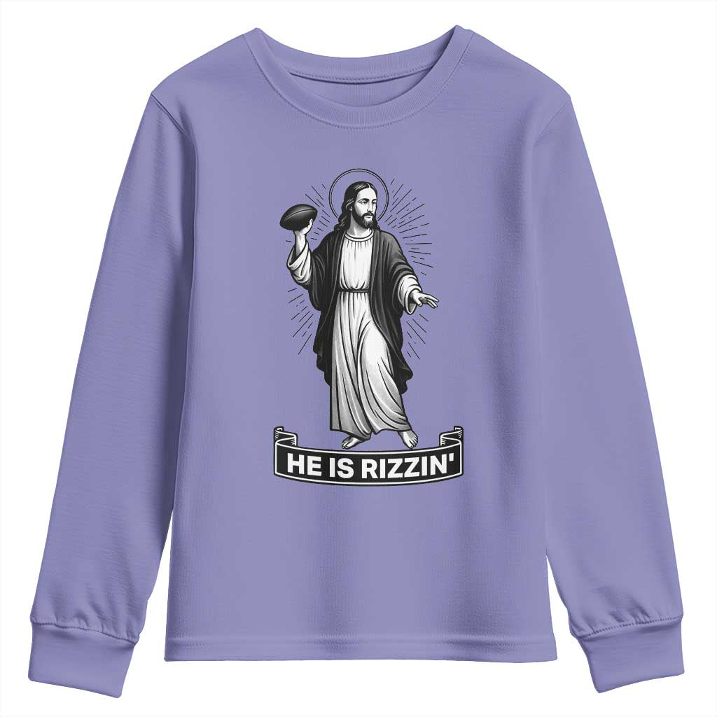 Christian Football Lover Youth Sweatshirt He Is Rizzin Funny Gift TS12 Violet Print Your Wear