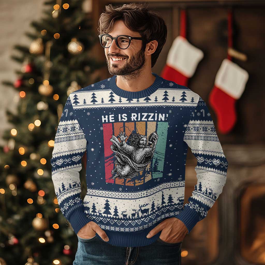 He Is Rizzin Ugly Christmas Sweater Funny Christian Football Lover Gift TS12 Navy Beige Print Your Wear