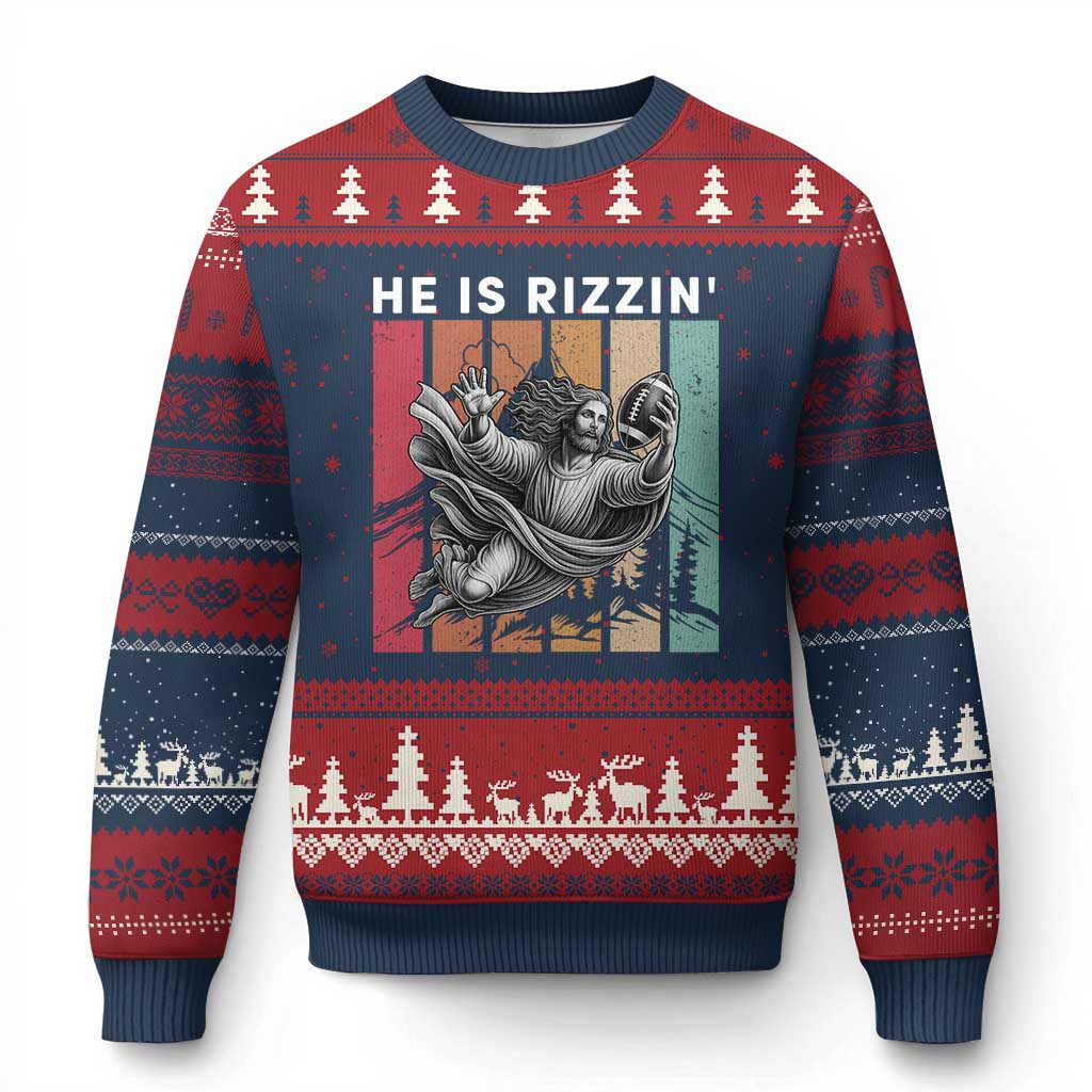 He Is Rizzin Ugly Christmas Sweater Funny Christian Football Lover Gift TS12 Navy Red Print Your Wear