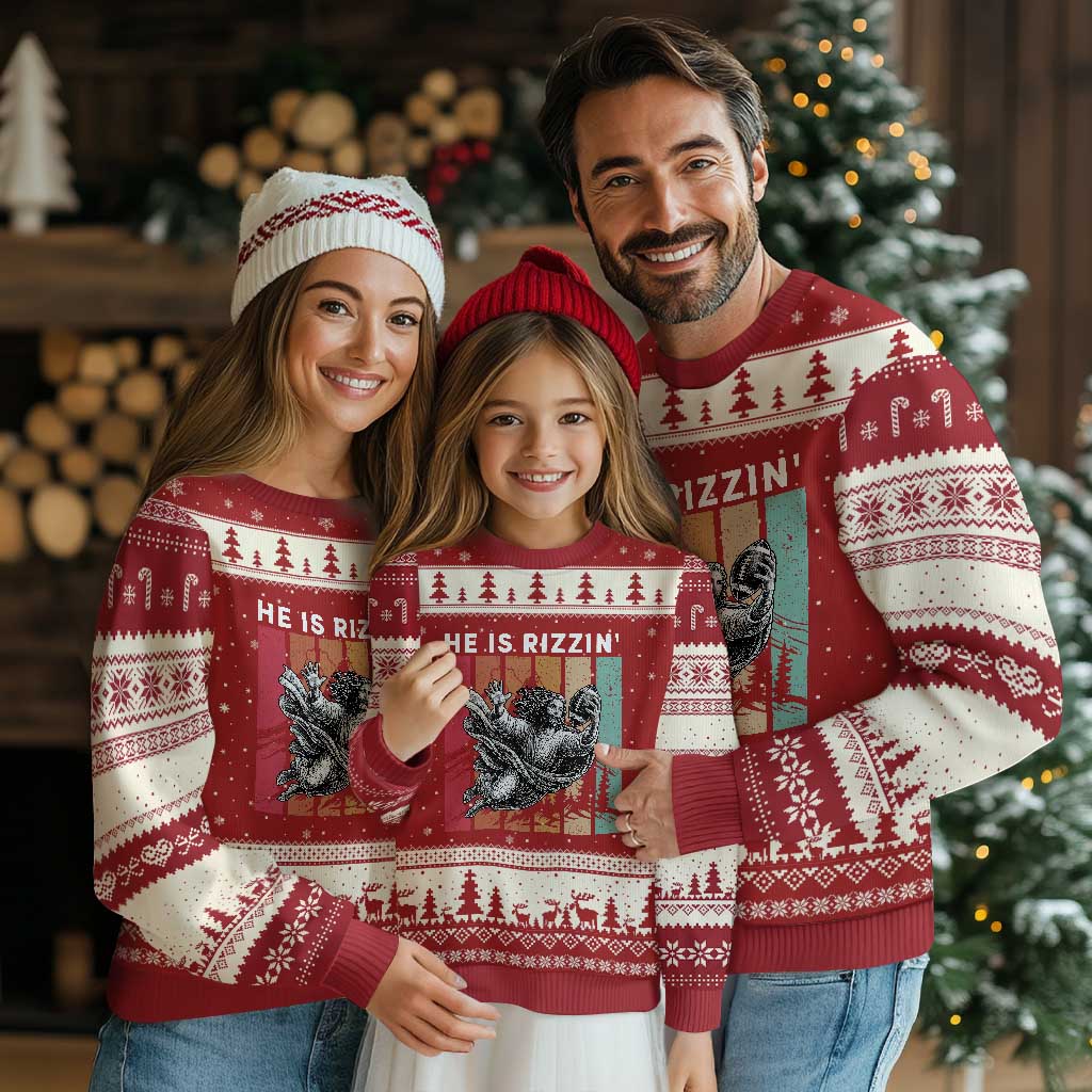 He Is Rizzin Ugly Christmas Sweater Funny Christian Football Lover Gift TS12 Red Beige Print Your Wear