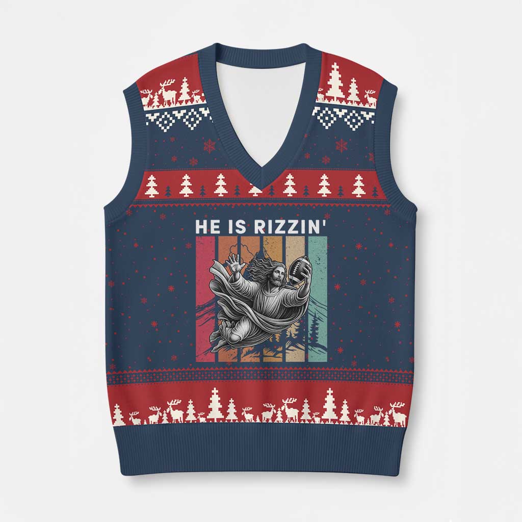 He Is Rizzin V-Neck Knit Sweater Vest Funny Christian Football Lover Gift TS12 Navy Red Print Your Wear