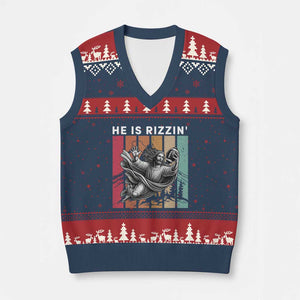 He Is Rizzin V-Neck Knit Sweater Vest Funny Christian Football Lover Gift TS12 Navy Red Print Your Wear