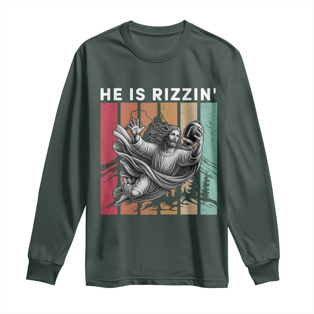 He Is Rizzin Long Sleeve Shirt Funny Christian Football Lover Gift TS12 Dark Forest Green Print Your Wear
