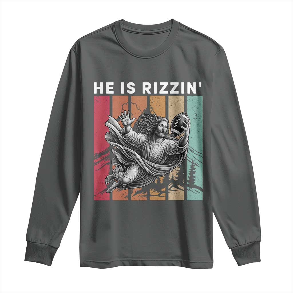 He Is Rizzin Long Sleeve Shirt Funny Christian Football Lover Gift TS12 Dark Heather Print Your Wear