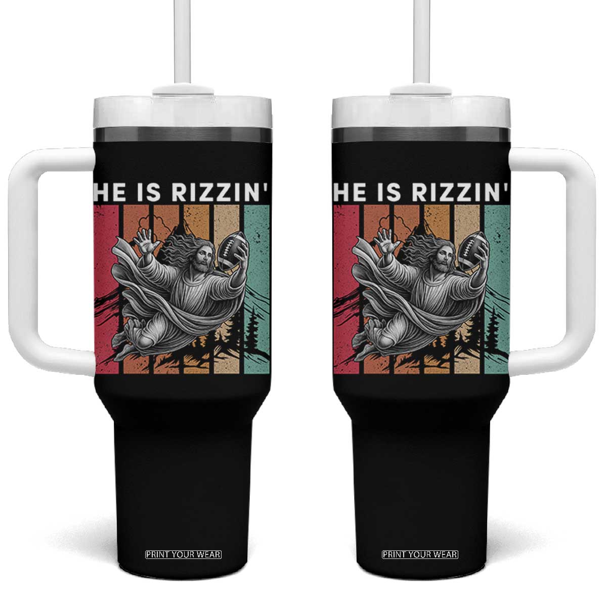 He Is Rizzin Tumbler With Handle Funny Christian Football Lover Gift TS12 One Size: 40 oz Black Print Your Wear