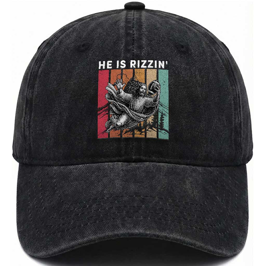 He Is Rizzin Washed Cotton Baseball Cap Funny Christian Football Lover Gift TS12 Print Your Wear