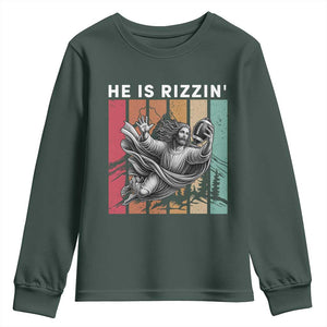 He Is Rizzin Youth Sweatshirt Funny Christian Football Lover Gift TS12 Dark Forest Green Print Your Wear