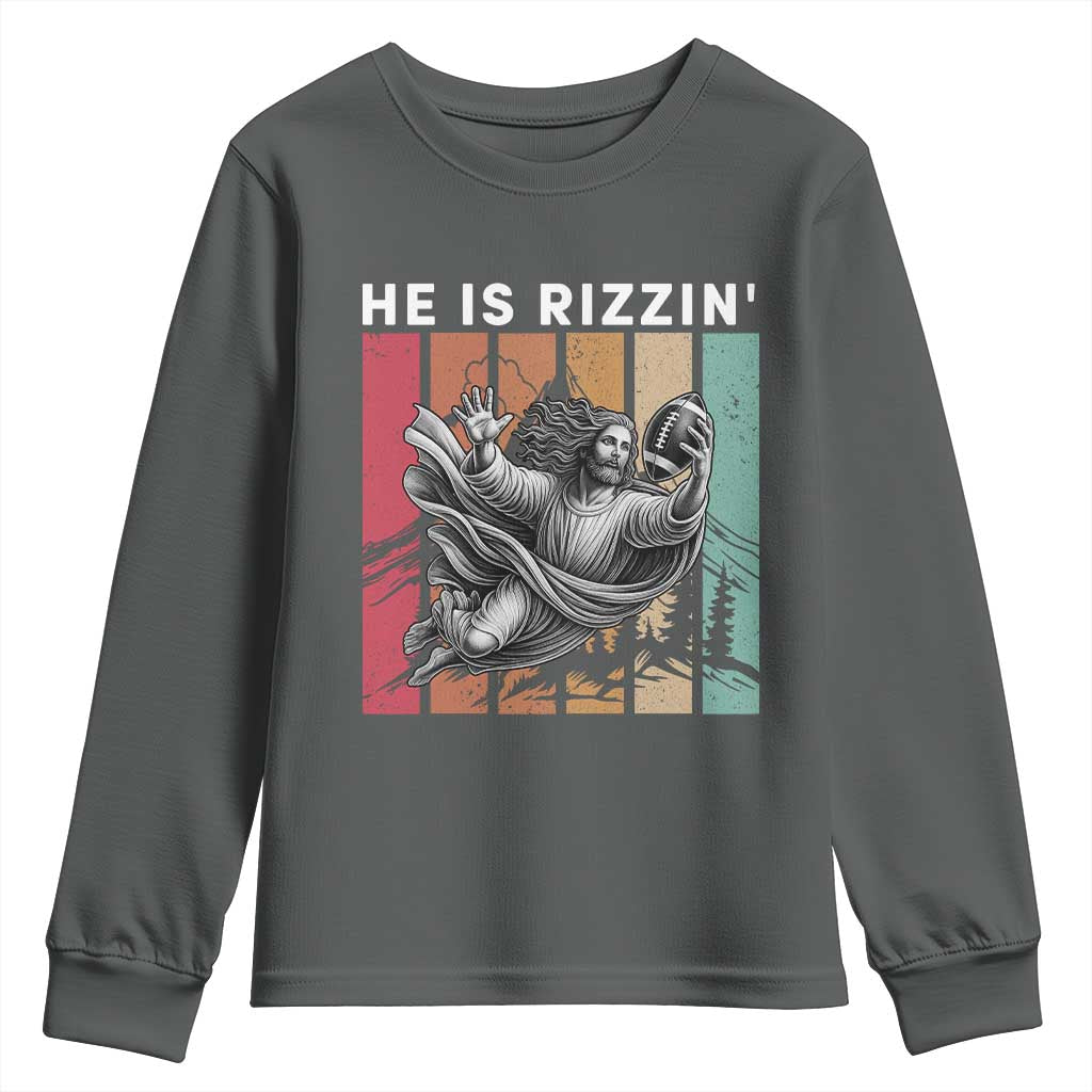 He Is Rizzin Youth Sweatshirt Funny Christian Football Lover Gift TS12 Dark Heather Print Your Wear
