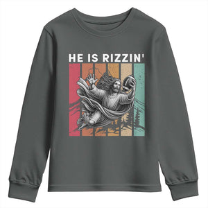 He Is Rizzin Youth Sweatshirt Funny Christian Football Lover Gift TS12 Dark Heather Print Your Wear