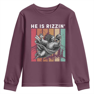 He Is Rizzin Youth Sweatshirt Funny Christian Football Lover Gift TS12 Maroon Print Your Wear