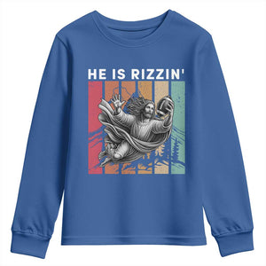 He Is Rizzin Youth Sweatshirt Funny Christian Football Lover Gift TS12 Royal Blue Print Your Wear
