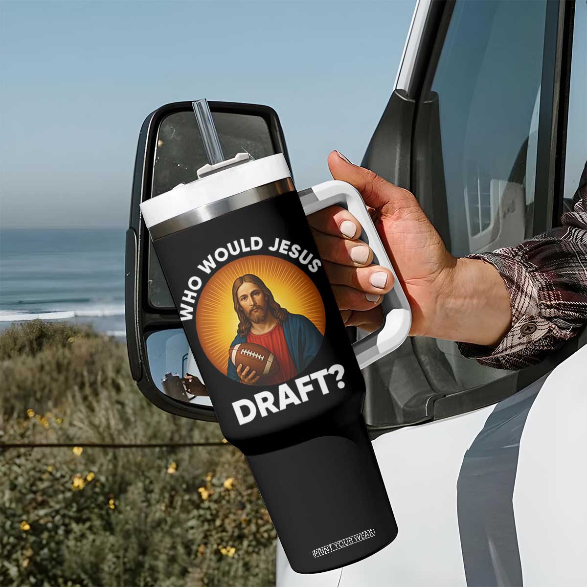 Who Would Jesus Draft Tumbler With Handle Christian Football Lover TS12 Print Your Wear