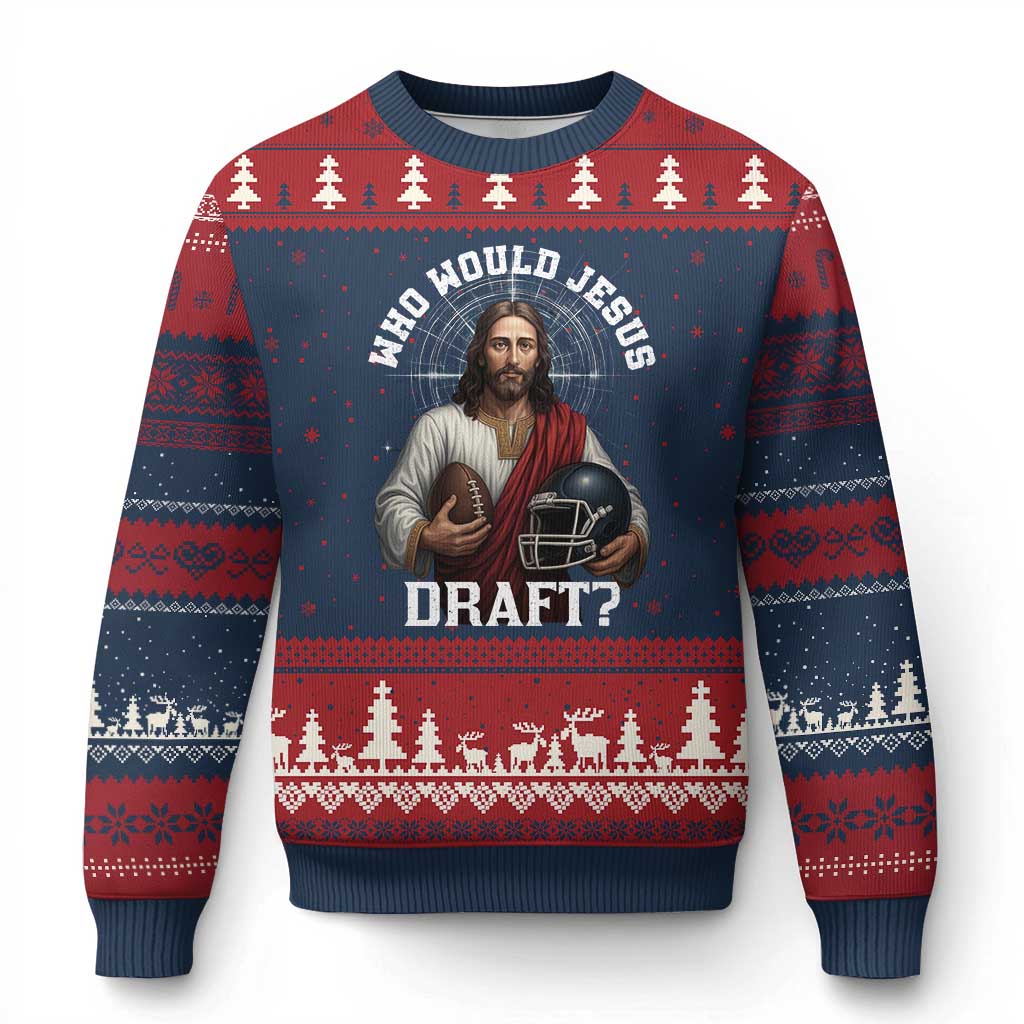 Christian Football Gift Ugly Christmas Sweater Who Would Jesus Draft - Print Your Wear