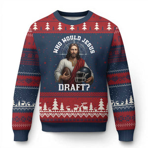 Christian Football Gift Ugly Christmas Sweater Who Would Jesus Draft - Print Your Wear