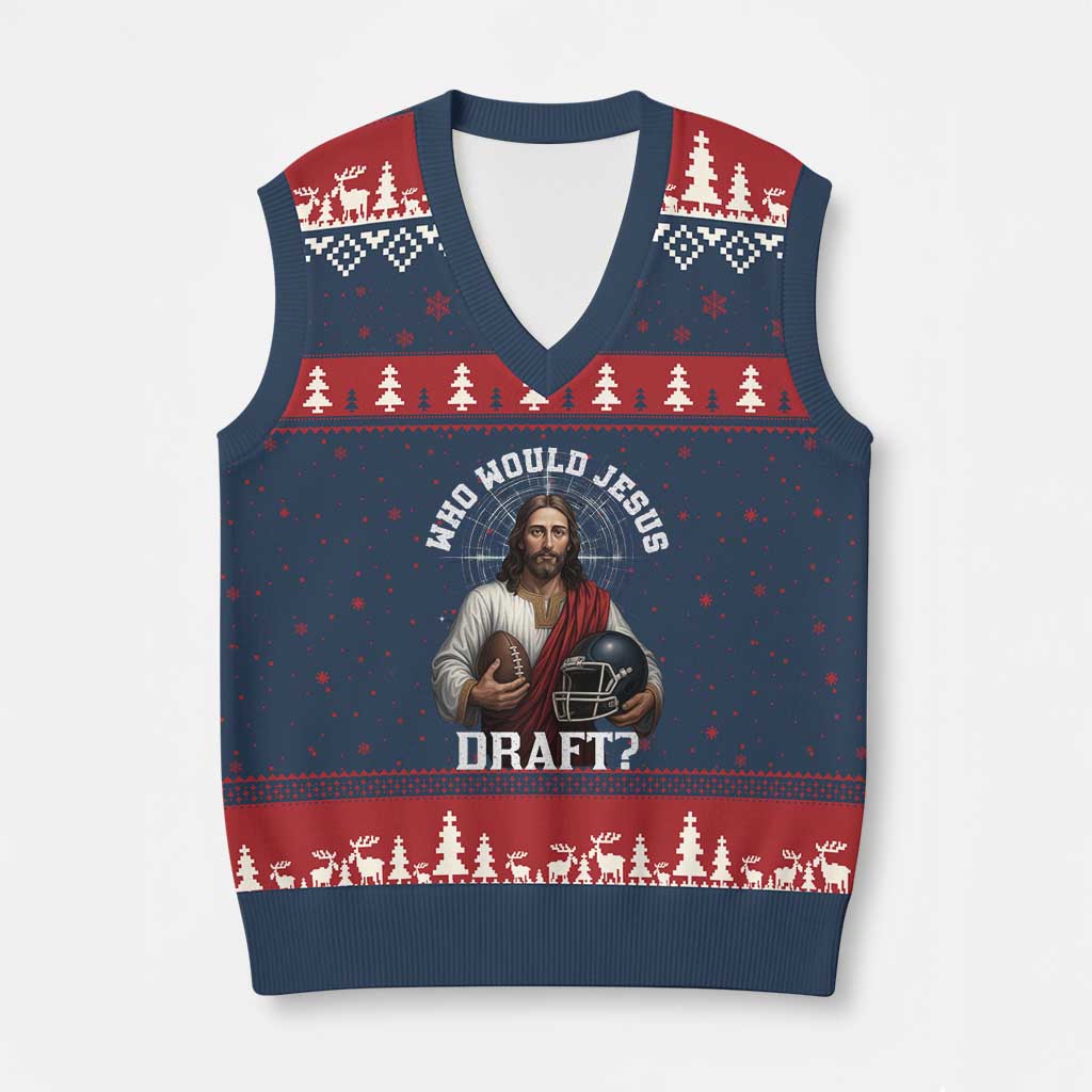 Christian Football Gift V-Neck Knit Sweater Vest Who Would Jesus Draft TS12 Navy Red Print Your Wear