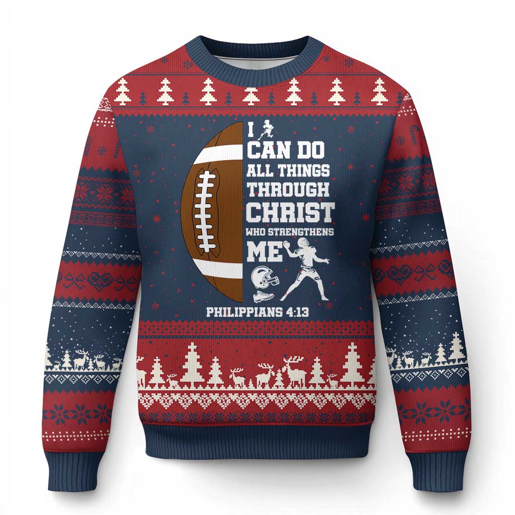 Christian Football Ugly Christmas Sweater I Can Do All Things Through Christ Bible Verse TS12 Navy Red Print Your Wear