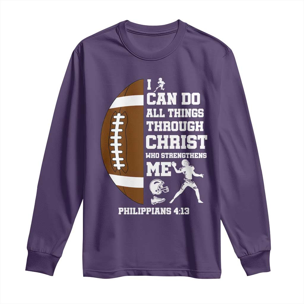 Christian Football Long Sleeve Shirt I Can Do All Things Through Christ Bible Verse TS12 Purple Print Your Wear