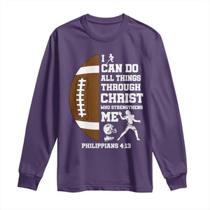 Christian Football Long Sleeve Shirt I Can Do All Things Through Christ Bible Verse TS12 Purple Print Your Wear