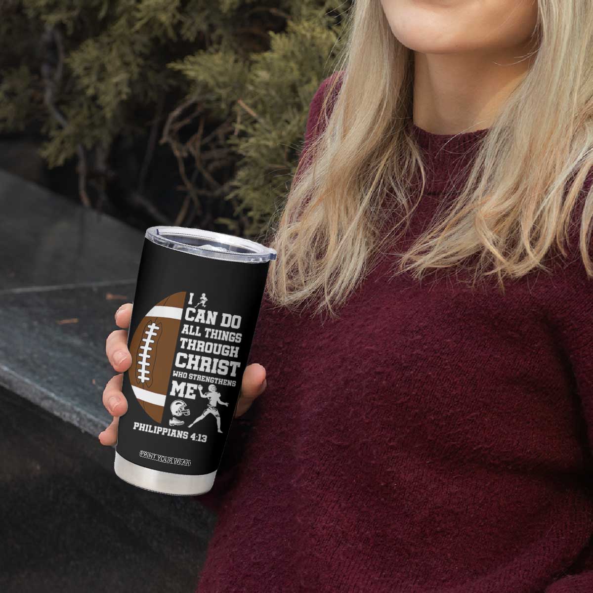 Christian Football Tumbler Cup I Can Do All Things Through Christ Bible Verse TS12 Print Your Wear