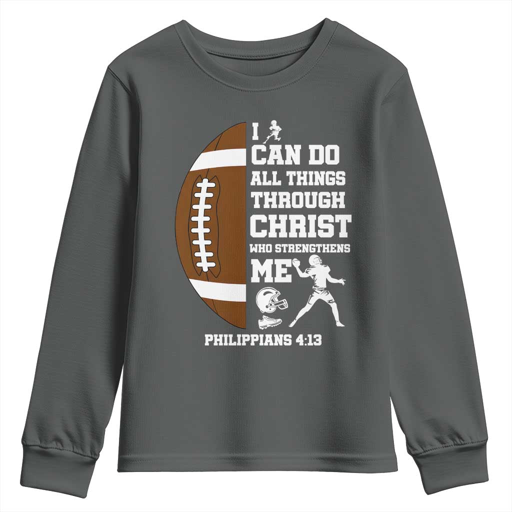 Christian Football Youth Sweatshirt I Can Do All Things Through Christ Bible Verse TS12 Dark Heather Print Your Wear
