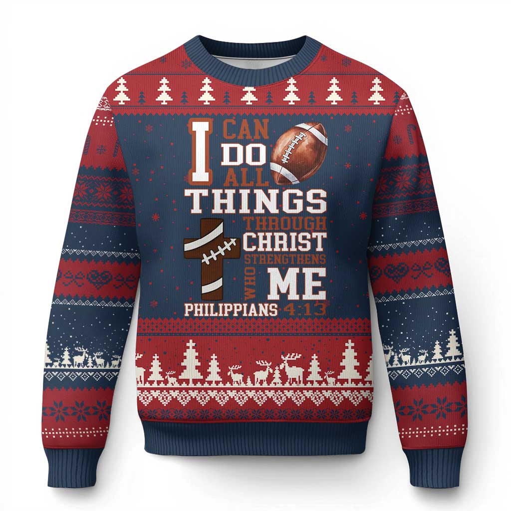 I Can Do All Things Through Christ Ugly Christmas Sweater Christian Football Athlete Gift TS12 Navy Red Print Your Wear