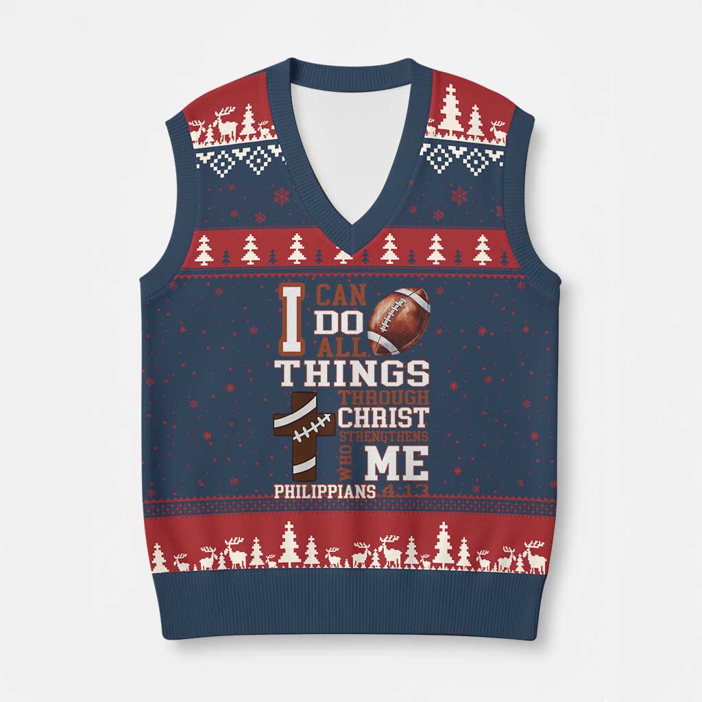I Can Do All Things Through Christ V-Neck Knit Sweater Vest Christian Football Athlete Gift TS12 Navy Red Print Your Wear