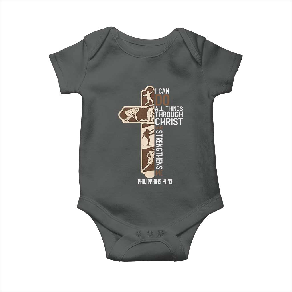 Christian Football Player Gift Baby Onesie God Gives Me Strength TS12 Dark Heather Print Your Wear