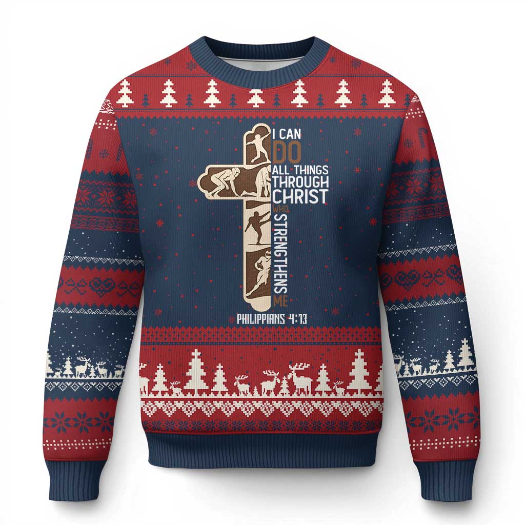 Christian Football Player Gift Ugly Christmas Sweater God Gives Me Strength - Print Your Wear