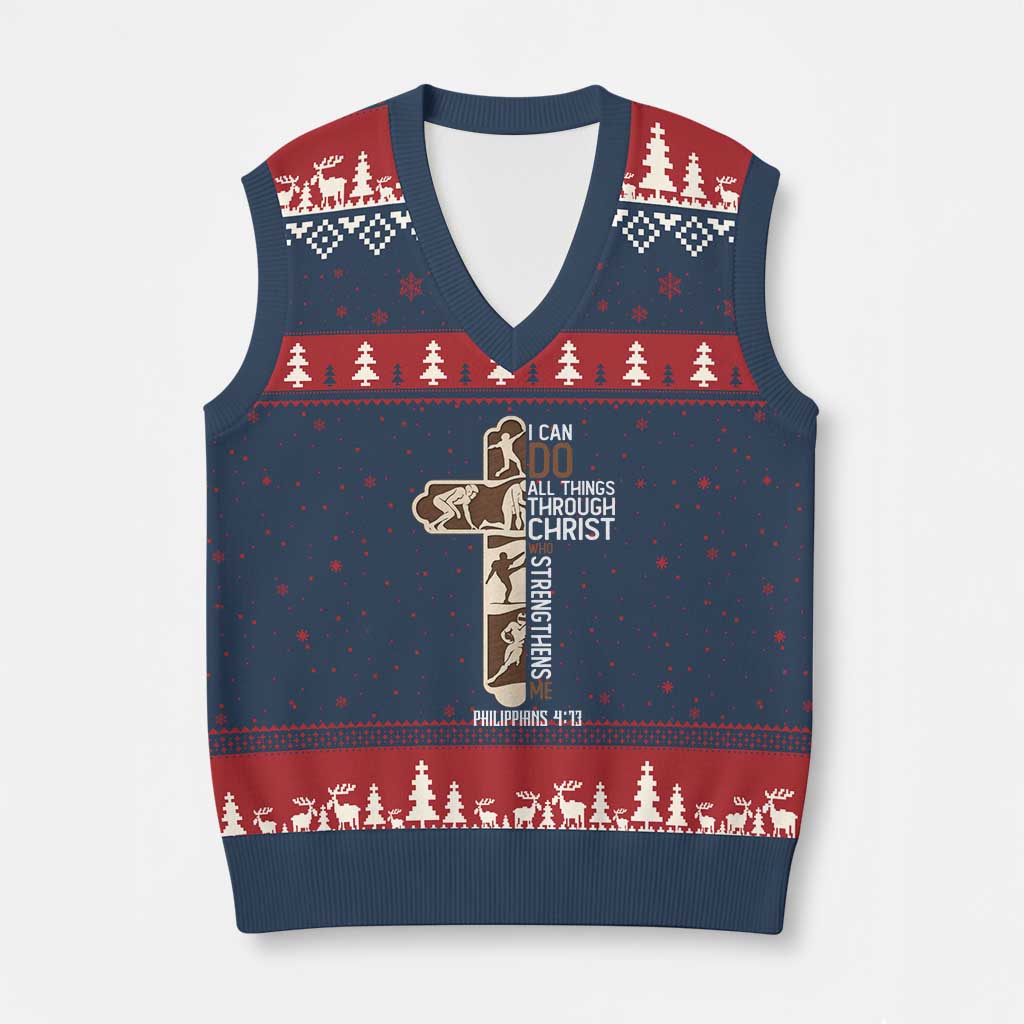 Christian Football Player Gift V-Neck Knit Sweater Vest God Gives Me Strength TS12 Navy Red Print Your Wear