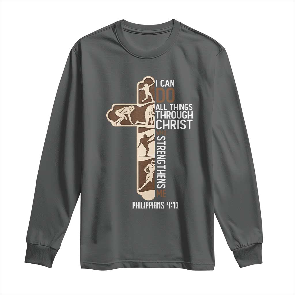 Christian Football Player Gift Long Sleeve Shirt God Gives Me Strength TS12 Dark Heather Print Your Wear