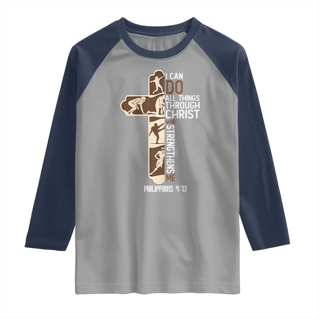 Christian Football Player Gift Raglan Shirt God Gives Me Strength TS12 Sport Gray Navy Print Your Wear