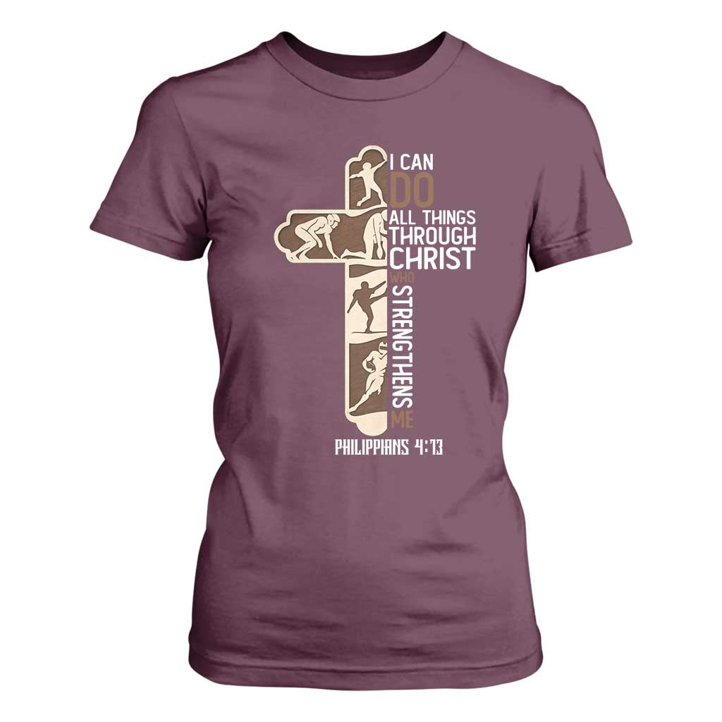 Christian Football Player Gift T Shirt For Women God Gives Me Strength TS12 Maroon Print Your Wear
