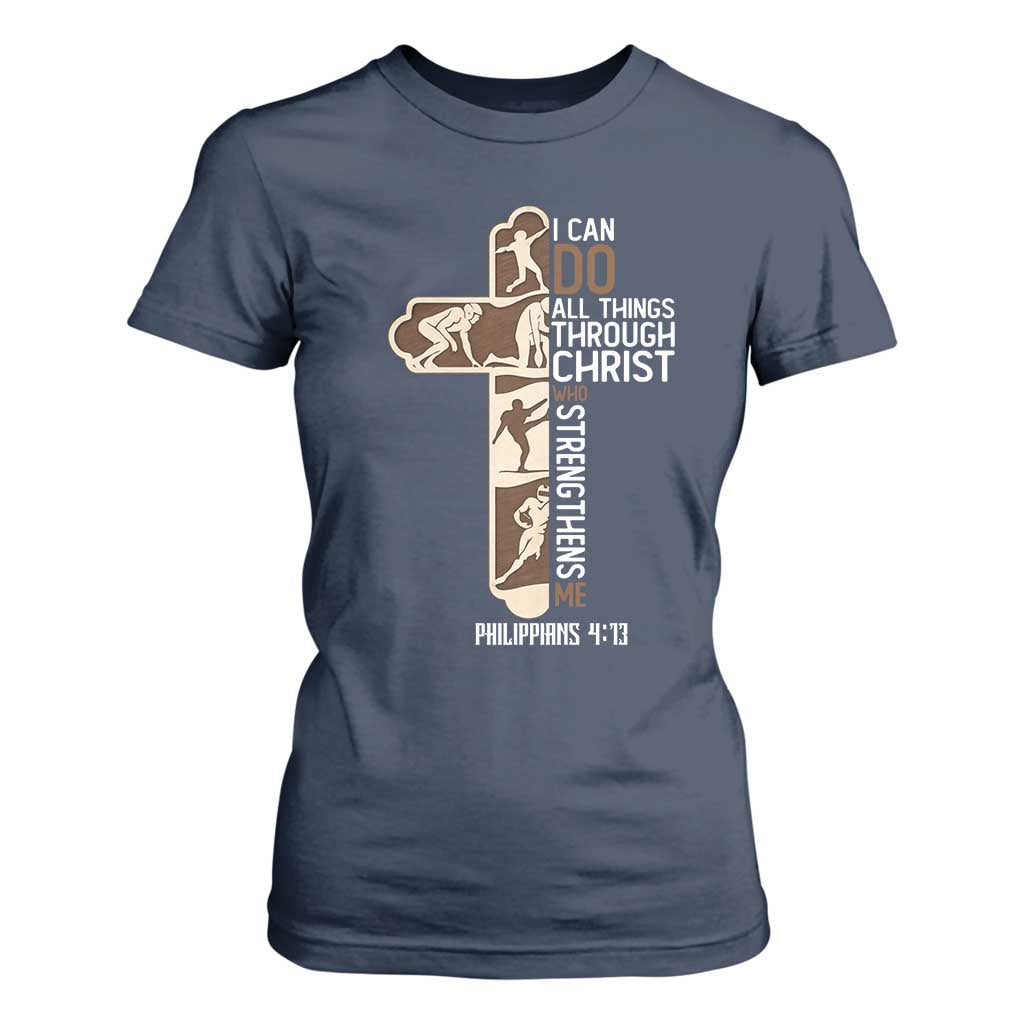 Christian Football Player Gift T Shirt For Women God Gives Me Strength TS12 Navy Print Your Wear