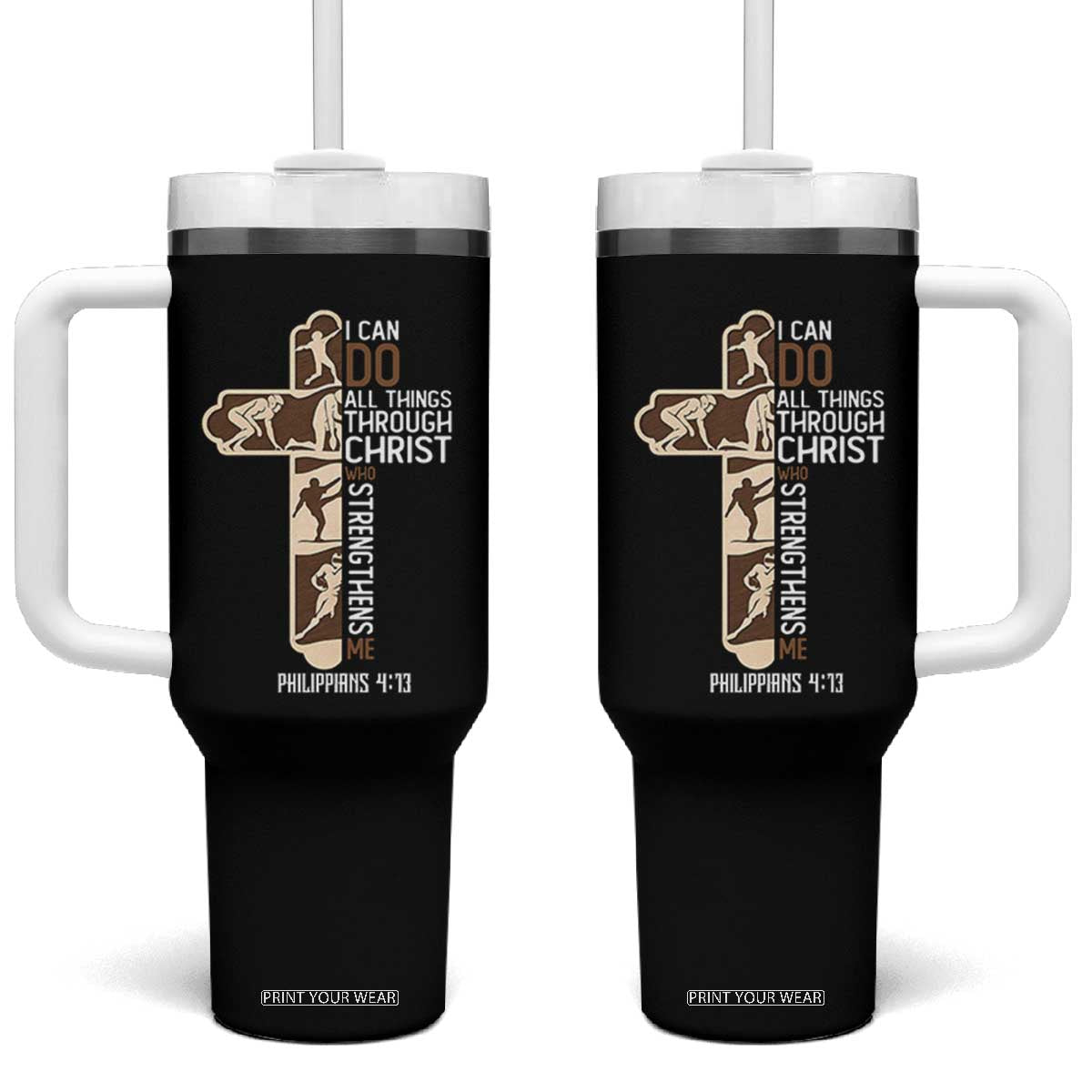 Christian Football Player Gift Tumbler With Handle God Gives Me Strength TS12 One Size: 40 oz Black Print Your Wear