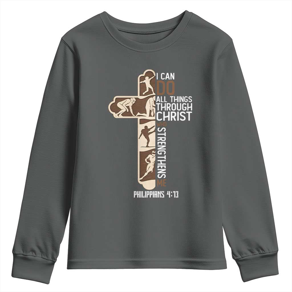 Christian Football Player Gift Youth Sweatshirt God Gives Me Strength TS12 Dark Heather Print Your Wear