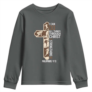 Christian Football Player Gift Youth Sweatshirt God Gives Me Strength TS12 Dark Heather Print Your Wear