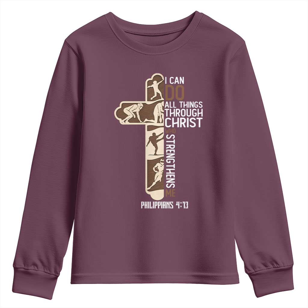 Christian Football Player Gift Youth Sweatshirt God Gives Me Strength TS12 Maroon Print Your Wear