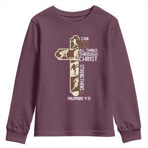 Christian Football Player Gift Youth Sweatshirt God Gives Me Strength TS12 Maroon Print Your Wear
