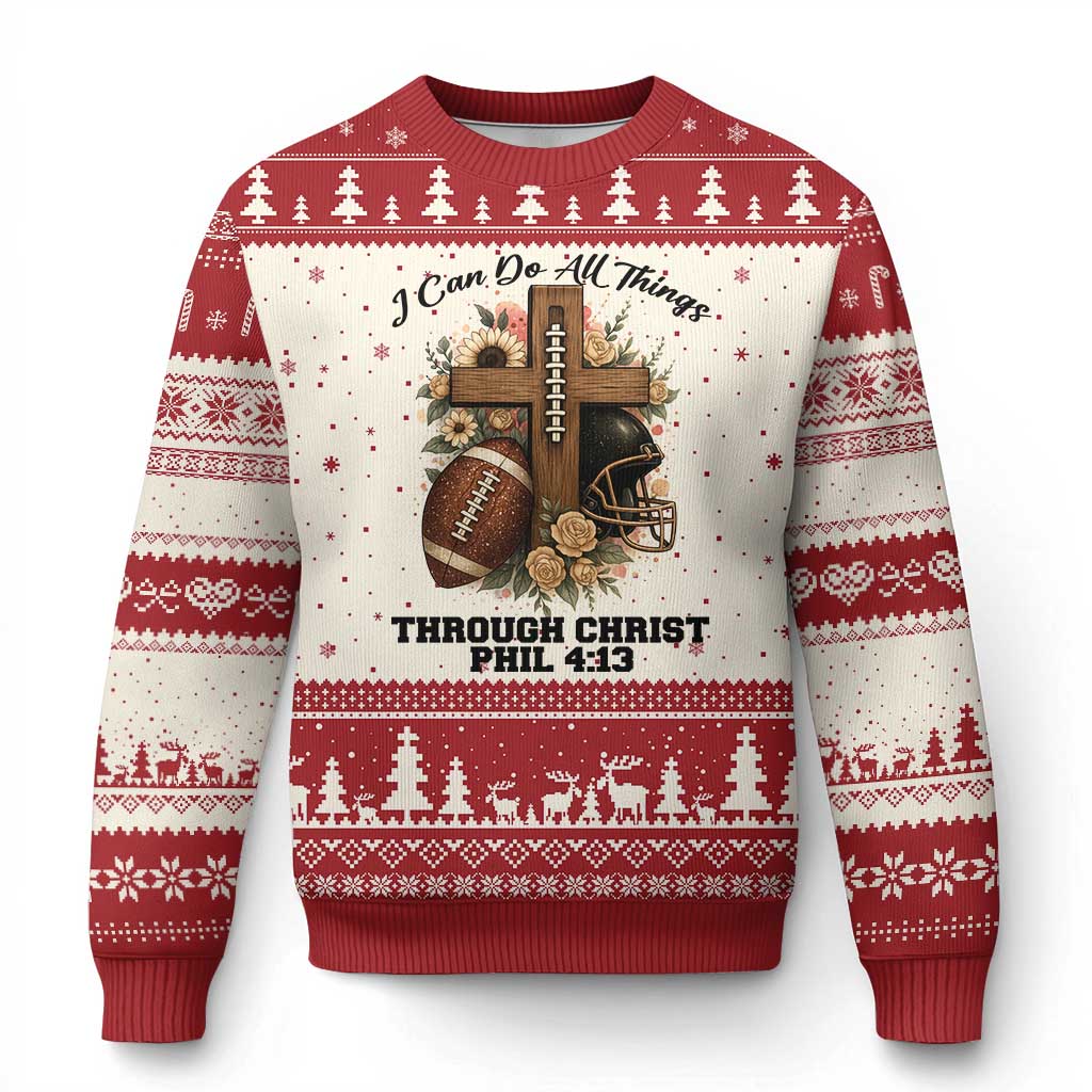 Christian Motivation Gift Ugly Christmas Sweater I Can Do All Things Through Christ Bible Verse TS12 Beige Red Print Your Wear