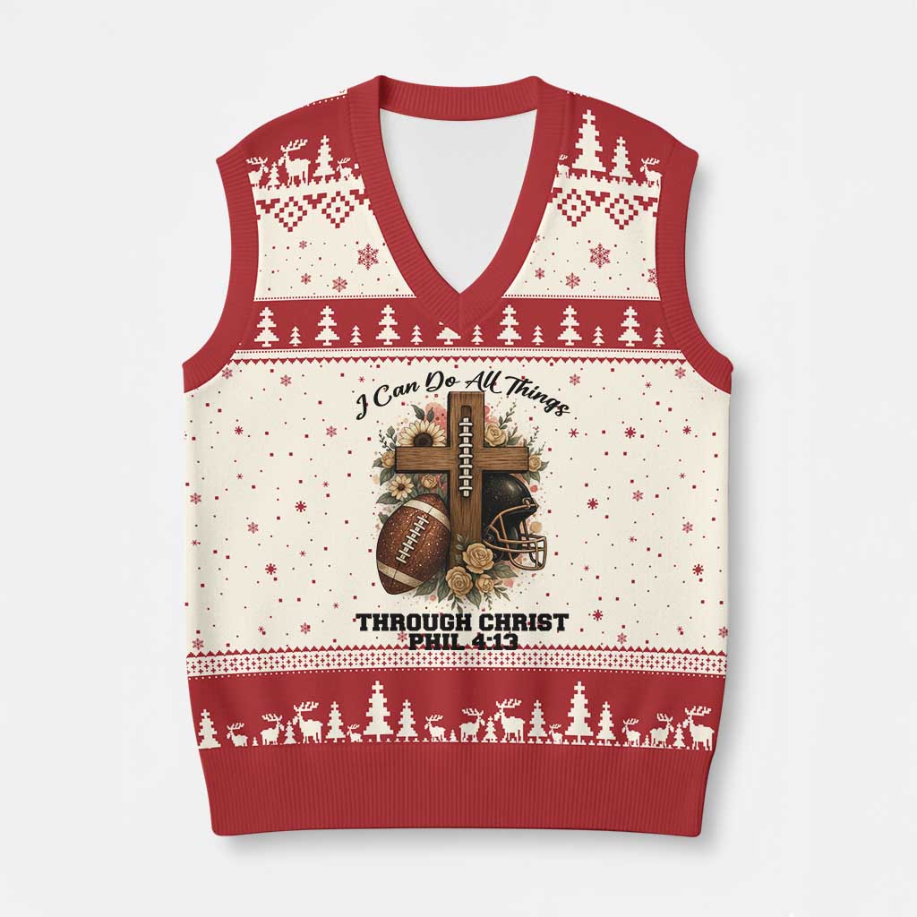 Christian Motivation Gift V-Neck Knit Sweater Vest I Can Do All Things Through Christ Bible Verse TS12 Beige Red Print Your Wear