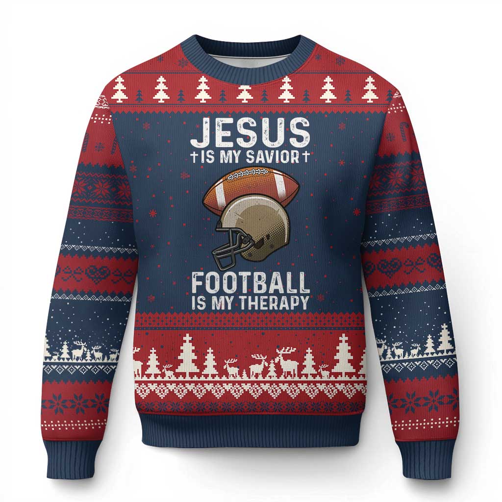 Jesus Is My Savior Football Is My Therapy Ugly Christmas Sweater Christian Football Lover - Print Your Wear