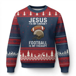 Jesus Is My Savior Football Is My Therapy Ugly Christmas Sweater Christian Football Lover - Print Your Wear