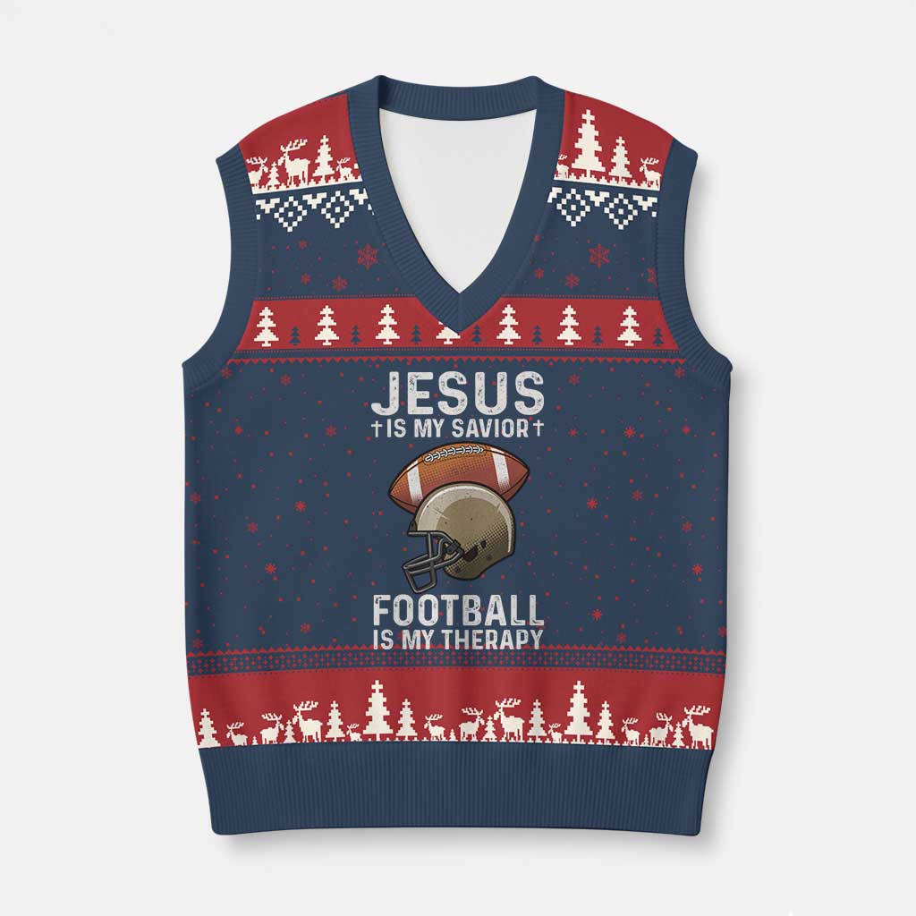 Jesus Is My Savior Football Is My Therapy V-Neck Knit Sweater Vest Christian Football Lover TS12 Navy Red Print Your Wear