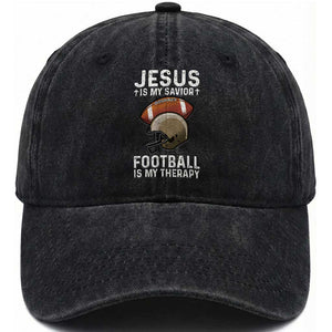 Jesus Is My Savior Football Is My Therapy Washed Cotton Baseball Cap Christian Football Lover TS12 Print Your Wear
