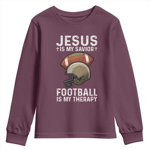 Jesus Is My Savior Football Is My Therapy Youth Sweatshirt Christian Football Lover TS12 Maroon Print Your Wear