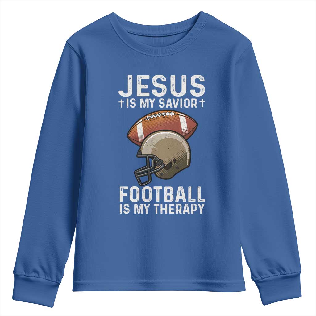 Jesus Is My Savior Football Is My Therapy Youth Sweatshirt Christian Football Lover TS12 Royal Blue Print Your Wear