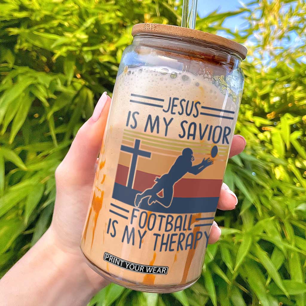 Jesus Is My Savior Football Is My Therapy Glass Can Vintage Christian Football Fan Gift TS12 White Print Your Wear