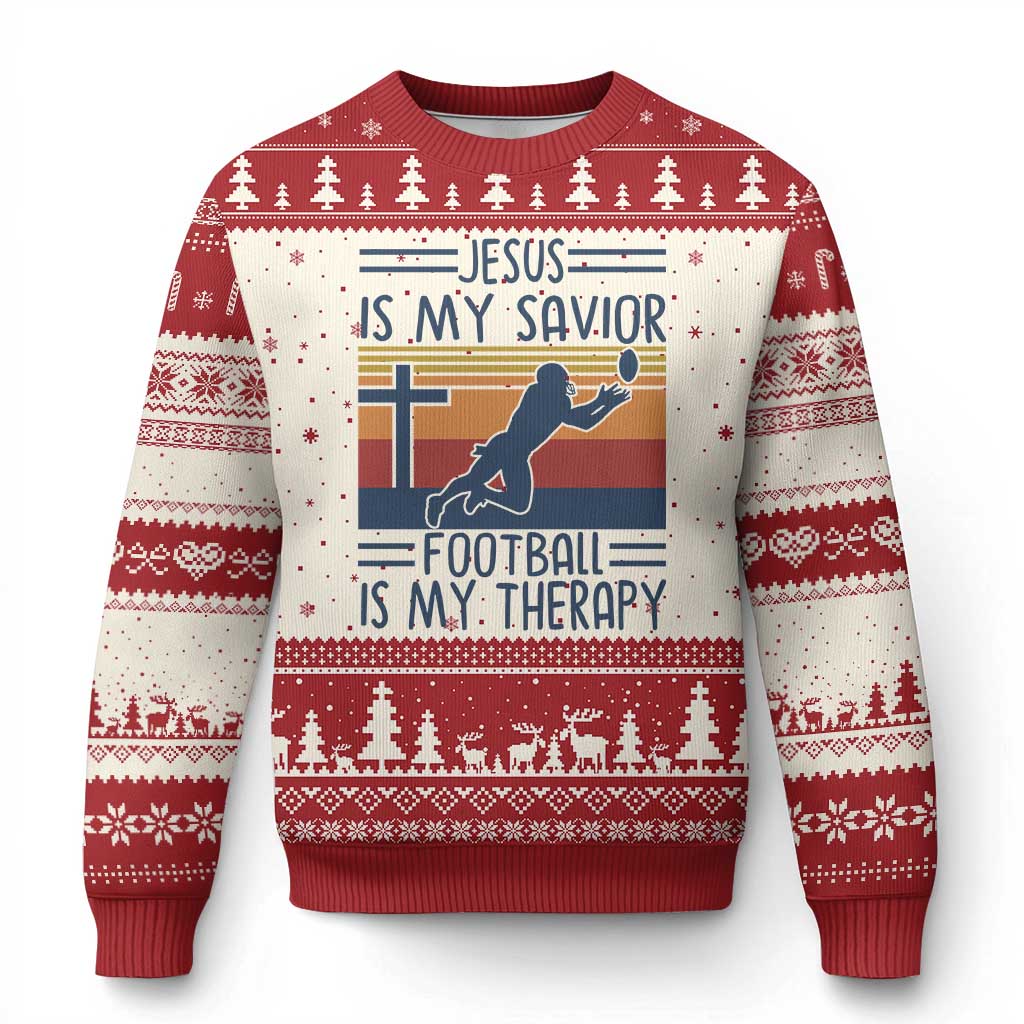 Jesus Is My Savior Football Is My Therapy Ugly Christmas Sweater Vintage Christian Football Fan Gift TS12 Beige Red Print Your Wear
