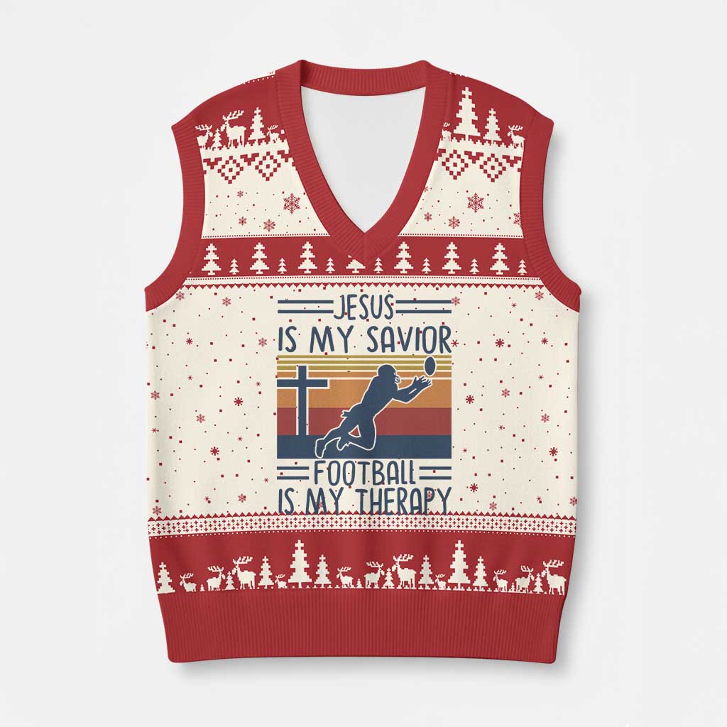 Jesus Is My Savior Football Is My Therapy V-Neck Knit Sweater Vest Vintage Christian Football Fan Gift TS12 Beige Red Print Your Wear